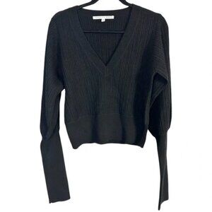 Veronica Beard Black 100% Merino Wool Esme V Neck Puff Sleeve Sweater Medium